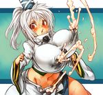  1girl blush breasts female huge_breasts lactation milk milkfountain mononobe_no_futo navel ponytail red_eyes sachito solo touhou white_hair 