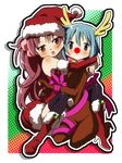  animal_costume antlers bare_shoulders bell blue_eyes blue_hair blush boots bow christmas detached_sleeves hat hug long_hair mahou_shoujo_madoka_magica mesushirindaa miki_sayaka multiple_girls open_mouth red_eyes red_hair red_nose reindeer reindeer_antlers reindeer_costume ribbon sakura_kyouko santa_costume santa_hat short_hair thighhighs 