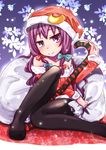  bare_shoulders blush cane crescent hat long_hair mayuge_inu pantyhose patchouli_knowledge purple_eyes purple_hair sack santa_costume santa_hat smile snowflakes solo touhou 