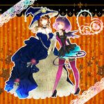  2girls breasts brown_hair d.gray-man dress halloween hat high_heels horns lenalee_lee miranda_lotto multiple_girls pomum_granatum purple_hair shoes tail thighhighs wings witch_hat 