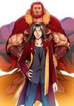  beard black_eyes black_hair cape facial_hair fate/zero fate_(series) long_coat long_hair lord_el-melloi_ii male_focus manly motsu_(kk_3) multiple_boys muscle older red_eyes red_hair rider_(fate/zero) vambraces waver_velvet 