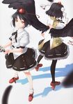  absurdres back black_hair black_legwear camera dual_persona geta hat highres looking_at_viewer multiple_girls non-web_source orange_eyes pantyhose red_footwear rokuwata_tomoe scan shadow shameimaru_aya shoes short_hair skirt smile standing tengu-geta tokin_hat touhou wings 