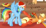  apple applejack_(mlp) biting_lip blonde_hair blue_fur blush bowl christmas_hat cutie_mark duo english_text equine eye_contact female feral friendship_is_magic fruit fur green_eyes hair horse inside legwear lesbian mammal mistletoe multi-colored_hair my_little_pony orange_fur pegasus pony purple_eyes rainbow_dash_(mlp) rainbow_hair ratofdrawn stockings text window wing_boner wings wood 