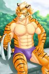  abs anthro biceps big_muscles black_fur body_markings bulge claws clothed clothing fangs feline fur half-dressed kazat looking_at_viewer male mammal markings muscles navel nipples orange_fur outside pecs pink_nipples pink_nose pose red_eyes sitting solo stripes swimsuit tiger topless towel trunks_(clothing) 