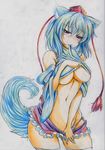  absurdres animal_ears bare_shoulders blush breasts colored_pencil_(medium) detached_sleeves hat highres inubashiri_momiji kitazinger large_breasts mouth_hold navel shirt_lift short_hair skirt skirt_pull solo tail thighhighs tokin_hat touhou traditional_media underboob white_hair white_legwear wolf_ears wolf_tail 
