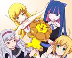  4girls :p :t artoria_pendragon_(all) bite_mark blonde_hair blue_eyes blue_hair crossover drooling eating fate/stay_night fate_(series) flying_sweatdrops fork green_eyes hairband heart heart-shaped_pupils highres idolmaster idolmaster_(classic) lion long_hair mister_donut monogatari_(series) multicolored_hair multiple_girls neotame_(lic-lac-sora) nisemonogatari oshino_shinobu panty_&amp;_stocking_with_garterbelt pon_de_lion pushing red_eyes saber shijou_takane silver_hair stocking_(psg) symbol-shaped_pupils tongue tongue_out trait_connection two-tone_hair yellow_eyes 