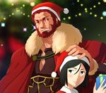  armor bangs beard black_hair blush christmas christmas_tree facial_hair fate/zero fate_(series) ftzriw gift green_eyes hand_on_another's_head hat male_focus multiple_boys parted_bangs red_eyes red_hair rider_(fate/zero) santa_costume santa_hat waver_velvet 
