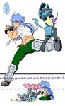  1girl abs belt blue_eyes blue_hair blush chibi cuffs gen_4_pokemon greaves hair_ribbon highres jitome kicking long_hair lucario mimo1 muscle paws pokemon pokemon_(creature) presea_combatir regal_bryan ribbon shackles short_sleeves tales_of_(series) tales_of_symphonia tickle_torture tickling 