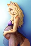  anthro blonde_hair blue_eyes bra breasts cat chemise feline female hair lilyness lingerie long_hair mammal nightgown pregnant solo underwear 