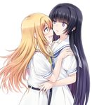  black_hair blonde_hair blush commentary_request green_eyes hands_on_shoulders hirose_sumire long_hair looking_at_another multiple_girls oohoshi_awai purple_eyes saki school_uniform shiraitodai_school_uniform suzushiro_yukari yuri 