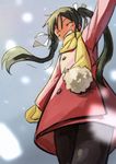  black_hair closed_eyes coat francesca_lucchini grin long_hair mittens pantyhose scarf shibasaki_shouji smile snowing solo strike_witches twintails waving world_witches_series 