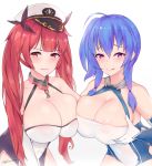  2girls :q asymmetrical_docking azur_lane bangs bare_shoulders black_choker black_ribbon blue_hair blush breast_press breast_squeeze breasts chains choker cleavage closed_mouth collar collarbone cover cowboy_shot elbow_gloves erect_nipples eyebrows_visible_through_hair gloves hair_between_eyes hat heart heart-shaped_pupils highres honolulu_(azur_lane) kuavera large_breasts licking_lips long_hair looking_at_viewer multiple_girls one_side_up paid_reward patreon_reward peaked_cap purple_eyes red_eyes red_hair ribbon see_through sidelocks smile st._louis_(azur_lane) standing symbol-shaped_pupils tongue tongue_out twintails upper_body white_background white_gloves 