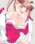  bare_shoulders bell blush breasts brown_eyes brown_hair christmas cleavage dress gloves hat long_hair looking_at_viewer medium_breasts nipple_slip nipples original red_gloves santa_costume santa_hat shimetta_seiya socks solo symbol-shaped_pupils 