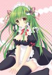  alternate_costume apron bad_id bad_pixiv_id black_legwear breasts cleavage enmaided frog_hair_ornament green_hair hair_ornament hair_ribbon kochiya_sanae large_breasts long_hair maid maid_headdress ribbon sitting snake_hair_ornament solo thighhighs touhou tsukiji waist_apron wariza 