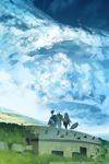  akitsu_taira animal bird blonde_hair blue_eyes cloud grass highres izumi_luna_(akitsu_taira) long_hair original scenery sky standing umbrella 