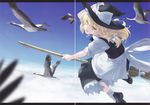  absurdres bamboo_broom bird blonde_hair bow braid broom broom_riding cloud flying green_eyes hat hat_bow highres kirisame_marisa long_hair open_mouth rokuwata_tomoe scan sky solo touhou white_bow witch_hat 