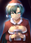  bad_id bad_pixiv_id blush breasts cleavage fire_emblem fire_emblem:_rekka_no_ken gift glowing gradient gradient_background green_eyes green_hair hat holding large_breasts long_hair looking_at_viewer lyndis_(fire_emblem) necktie ponytail ribbon santa_costume santa_hat shinon_(tokage_shuryou) smile solo upper_body 