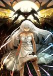  armband bare_shoulders breasts cleavage dress explosion hokuto_shinken large_breasts long_hair mecha original scowl sword thigh_strap weapon white_hair wristband yellow_eyes 
