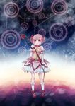  bad_id bad_pixiv_id bow bow_(weapon) bubble_skirt choker cuivre gloves hair_bow kaname_madoka looking_at_viewer magical_girl mahou_shoujo_madoka_magica pink_eyes pink_hair pink_skirt ribbon_choker skirt smile solo twintails weapon white_gloves wings 