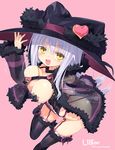  :d black_legwear blush breast_squeeze breasts covered_nipples fur_trim garter_straps hat heart highres homura_subaru jacket large_breasts lillian_ljungstrom long_hair nail_polish open_mouth original pink_background see-through silver_hair simple_background smile solo strap_pull thighhighs witch witch_hat yellow_eyes 