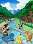  buizel hikari_(pokemon) nintendo pikachu playing pokemon pokemon_(anime) river satoshi_(pokemon) water 