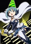  blue_eyes blue_hair breasts cape cleavage detached_sleeves gloves hat magical_girl mahou_shoujo_madoka_magica mesushirindaa miki_sayaka open_mouth skirt small_breasts solo sword thighhighs weapon 