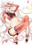  animal_ears bad_id bad_pixiv_id barefoot bell blush bridal_gauntlets cat_ears cat_tail detached_sleeves fang hair_ornament halterneck highres long_hair low_twintails midriff navel one_eye_closed original sakuragi_ren solo tail thighhighs toeless_legwear twintails white_hair yellow_eyes 