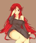  dakara_boku_wa_h_ga_dekinai lisara_restall long_hair naked_sweater off_shoulder popl red_eyes red_hair ribbed_sweater rubbing_eyes solo sweater very_long_hair waking_up 