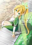  arm_support blonde_hair braid breasts brianchan.t.w cleavage cobblestone green_eyes green_wings large_breasts leafa long_hair pointy_ears ponytail sitting solo sword_art_online twin_braids wings 