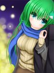  absurdres arm_holding bad_hands blue_eyes breasts casual contemporary frog_hair_ornament green_hair hair_ornament highres kochiya_sanae large_breasts long_hair scarf smile solo_focus sweater tapisuke touhou 