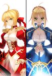  aestus_estus ahoge armor armored_dress artoria_pendragon_(all) bad_id bad_pixiv_id blonde_hair breasts cleavage dress epaulettes excalibur fate/extra fate/stay_night fate_(series) green_eyes hair_ribbon medium_breasts multiple_girls nero_claudius_(fate) nero_claudius_(fate)_(all) ribbon riki_(elseeker) saber small_breasts sword weapon 