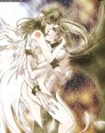  1girl aerisdies angel blonde_hair blush breasts cosplay couple dark demon gustaf hetero light long_hair lowres multi-tied_hair nude opposing_sides primiera_(saga) saga saga_frontier saga_frontier_2 seqet-aru sex source_request sword very_long_hair weapon white_background wings 