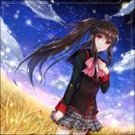  bow brown_hair little_busters! long_hair long_ponytail natsume_rin pink_bow ponytail red_eyes sakamuke school_uniform skirt solo 