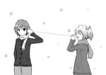  bad_id bad_pixiv_id closed_eyes coat greyscale hair_ornament hair_ribbon hairclip hzk kaname_madoka mahou_shoujo_madoka_magica miki_sayaka monochrome multiple_girls open_mouth ribbon scarf short_hair short_twintails smile snow string_phone twintails 