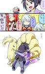  2girls black_hair blue_eyes brown_eyes fujibayashi_shiina gen_1_pokemon genius_sage hair_ribbon highres leg_hug mimo1 multiple_boys multiple_girls ninetales poke_ball pokemon pokemon_(creature) red_hair refill_sage ribbon sash silver_hair tales_of_(series) tales_of_symphonia translated zelos_wilder 