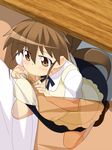  1girl apron blush bow breasts brown_eyes brown_hair censored fellatio huge_breasts long_hair makarou oral penis ponytail smile taneshima_popura under_table waitress working!! 