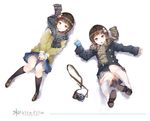  :o brown_eyes brown_hair camera coat flower hair_flower hair_ornament lying mouth_hold multiple_girls original panties scarf skirt snow underwear yuugen 