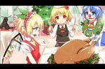  alternate_hairstyle antlers bad_id bad_pixiv_id christmas_tree cirno fake_facial_hair fake_mustache fang flandre_scarlet food fujiwara_no_mokou hairband hat houraisan_kaguya multiple_girls rumia santa_hat senaka touhou turkey_(food) wings wreath 