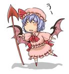  blue_hair chibi dress hat lowres polearm remilia_scarlet solo spear spear_the_gungnir standing standing_on_one_leg sunaipu_(age-zero) touhou weapon wings 