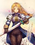  agrias_oaks armor blonde_hair braid final_fantasy final_fantasy_tactics gloves kara_(color) petals single_braid solo spandex sword thigh_gap translation_request weapon yellow_eyes 