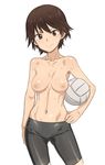  bike_shorts black_eyes black_hair breasts collarbone girls_und_panzer hand_on_hip holding isobe_noriko looking_at_viewer medium_breasts navel nipples non-web_source short_hair simple_background solo sweat tenchisouha topless volleyball white_background 