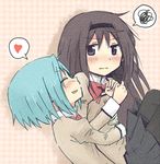  akemi_homura black_hair blue_hair blush chi_(chiwa) hairband heart hug hug_from_behind lifting long_hair lowres mahou_shoujo_madoka_magica miki_sayaka multiple_girls pantyhose school_uniform short_hair smile spoken_heart yuri 