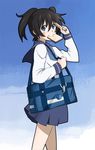  bag black_hair black_rock_shooter blue_eyes bread food food_in_mouth grin julius_yu kuroi_mato late_for_school mouth_hold salute school_bag school_uniform serafuku short_hair smile solo toast toast_in_mouth twintails 