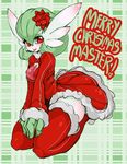  clothed_pokemon dress fur_trim gardevoir gen_3_pokemon green_hair hair_ornament medium_breasts merry_christmas no_humans pokemon pokemon_(creature) red_eyes red_legwear santa_costume shimavoir short_hair slugbox smile solo thighhighs v_arms 