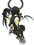  back_cutout backless_outfit bare_shoulders bikini_top black_hair black_rock_shooter black_rock_shooter_(character) blue_eyes blush boots choker dead_master gloves horns hug kiriririn long_hair multiple_girls pale_skin pantyhose perspective skirt thigh_boots thighhighs twintails wings yuri 