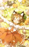  animal_ears blush cat cat_ears cat_tail chen closed_eyes earrings hat highres im_(badmasa) jewelry lying on_back outstretched_arms short_hair single_earring smile solo spread_arms sunlight tail too_many too_many_cats touhou 