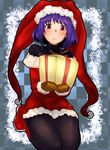  absurdres alternate_costume bakuya black_legwear blush boots box brown_gloves checkered checkered_background gift gift_box gloves hat heart highres looking_at_viewer nagae_iku pantyhose purple_hair red_eyes santa_boots santa_costume santa_hat short_hair sitting smile solo striped striped_legwear touhou vertical-striped_legwear vertical_stripes 