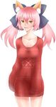  animal_ears blush bow breasts fate/extra fate_(series) fox_ears full-face_blush hair_bow highres long_sleeves medium_breasts naked_sweater no_bra pink_hair pltrgst smile solo sweater tamamo_(fate)_(all) tamamo_no_mae_(fate) twintails yellow_eyes 