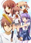  4girls asahina_yori baseball_bat baseball_mitt blonde_hair blue_eyes brown_eyes brown_hair clannad company_connection crossover fujibayashi_kyou furukawa_akio furukawa_nagisa hikarizaka_private_high_school_uniform kamikita_komari key_(company) little_busters! long_hair multiple_girls natsume_rin ponytail purple_eyes purple_hair red_eyes school_uniform short_hair thighhighs twintails 