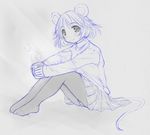  animal_ears blush cup feet kasuga_yukihito legs_together monochrome mouse_ears mouse_tail mug nazrin no_shoes panties panties_under_pantyhose pantyhose pantyshot pantyshot_(sitting) plaid plaid_skirt pleated_skirt short_hair sitting sketch skirt smile solo steam sweater tail touhou traditional_media turtleneck underwear 